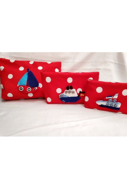 Happy Threads Cotton Storage Pouch with Hand Made Crochet Boats (Red) Comes in Set of 3